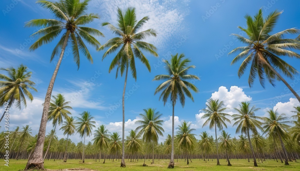 Coconut palm plantation with blue sky in Thailand