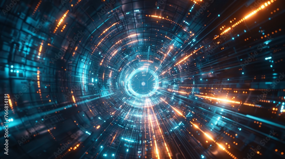 Futuristic tunnel with digital data streams Futuristic tunnel with digital data streams
