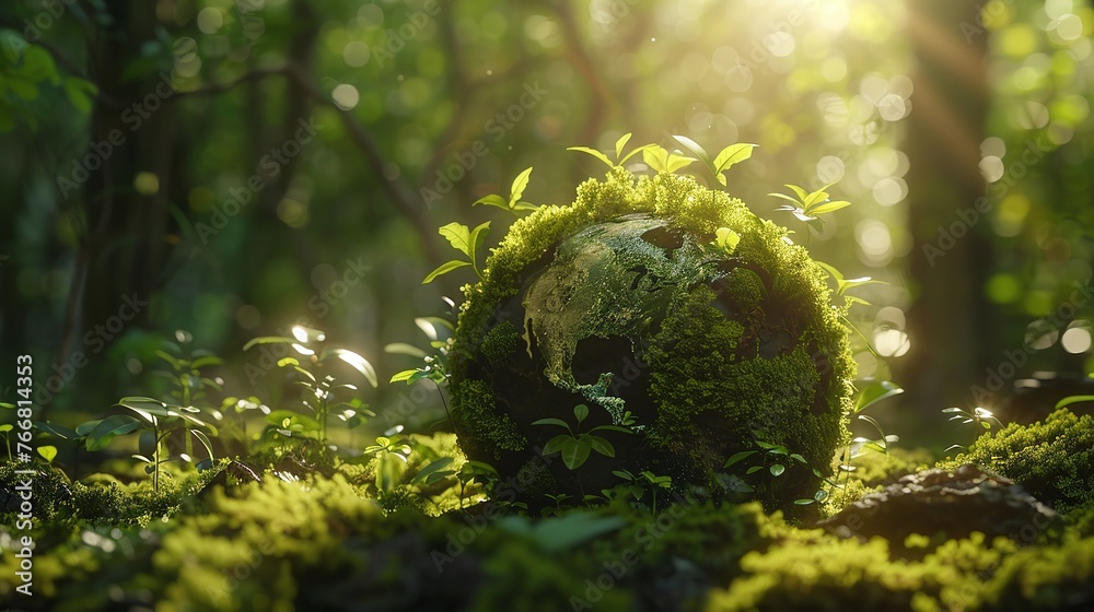 environment featuring green globe covered in moss with abstract sunlight in tranquil forest scene environment featuring green globe covered in moss with abstract sunlight in tranquil forest scene