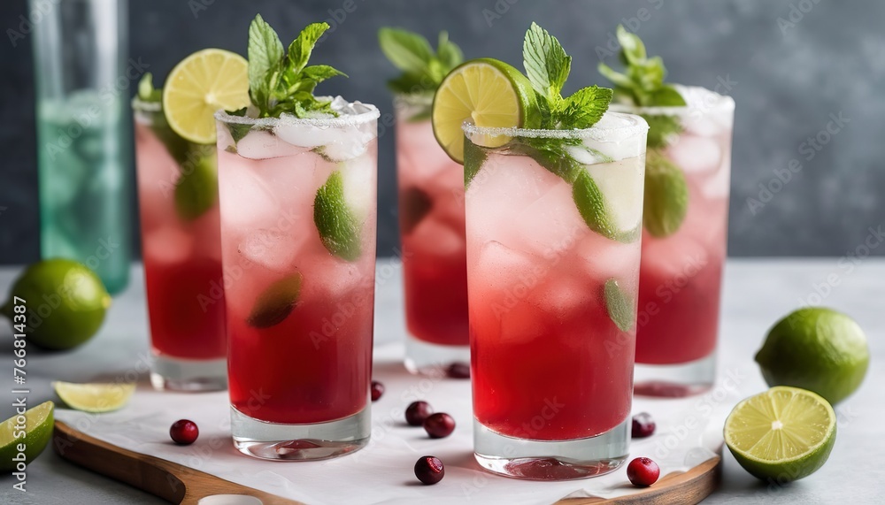 Cranberry lime cocktails in tall glasses served with ice, a slice of lime and fresh mint Cranberry lime cocktails in tall glasses served with ice, a slice of lime and fresh mint