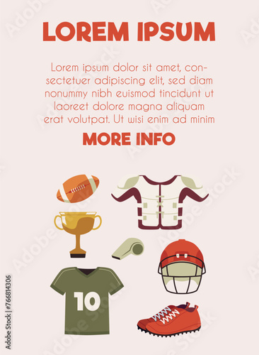 College football equipment and uniform cartoon set on vector poster, sport professional protective helmet, winner's cup ball