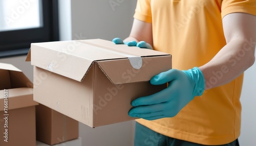 delivery man hand in latex gloves holding card box