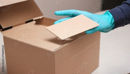 delivery man hand in latex gloves holding card box