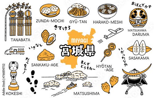 シンプルでかわいい宮城県にまつわるイラストセット（２色）