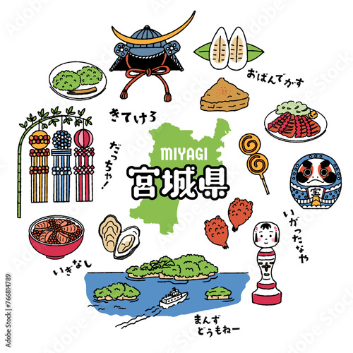 シンプルでかわいい宮城県にまつわるイラストセット（カラフル）