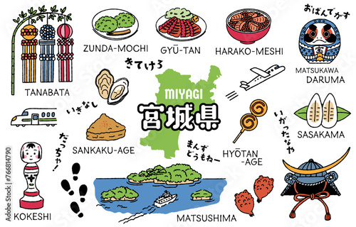 シンプルでかわいい宮城県にまつわるイラストセット（カラフル）