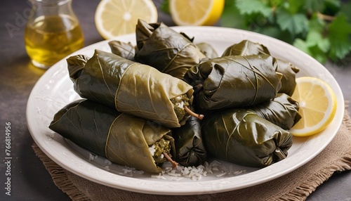 Dolmades, Stuffed Grape Leaves with rice and lemon filling