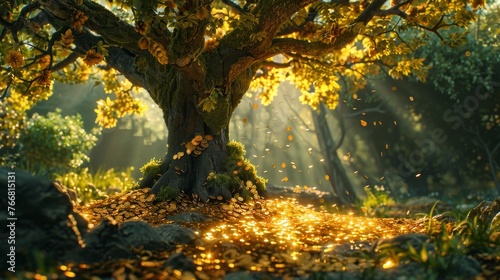 Golden tree with falling coins