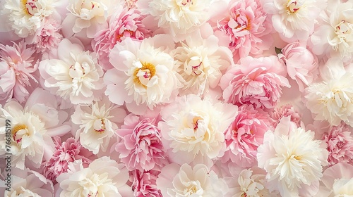 Fototapeta Naklejka Na Ścianę i Meble -  soft and romantic floral background with pastel pink and white blooming peonies flowers top view