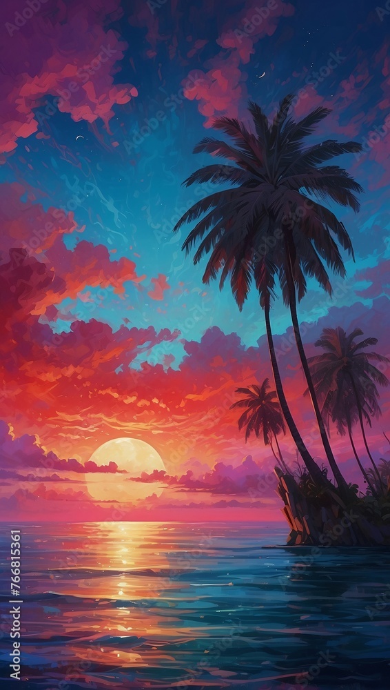 Tree Silhouette Illustration Behind the Dramatic Sunset Sky Illustration