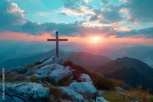 A cross on the top of the mountain with a stunning sunset background, representing spirituality and the beauty of nature.