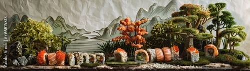 A playful arrangement of sushi rolls set to depict a serene Japanese garden scene
