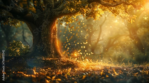 Golden tree with falling coins