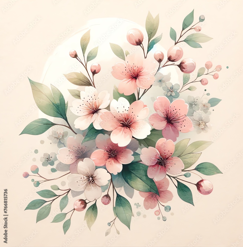 Watercolor Painting of Cherry Blossom Flowers