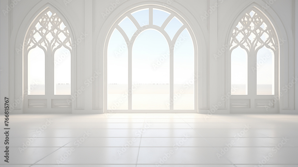 Minimalist white empty room with natural light shining through big contemporary modern windows