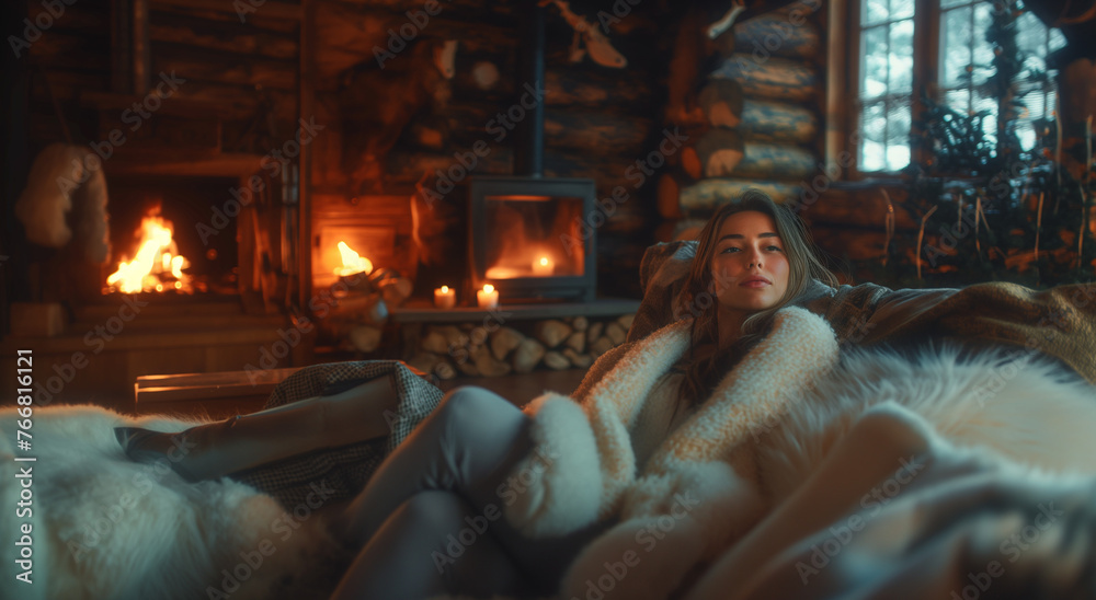 Beautiful girl in a rustic Viking cottage