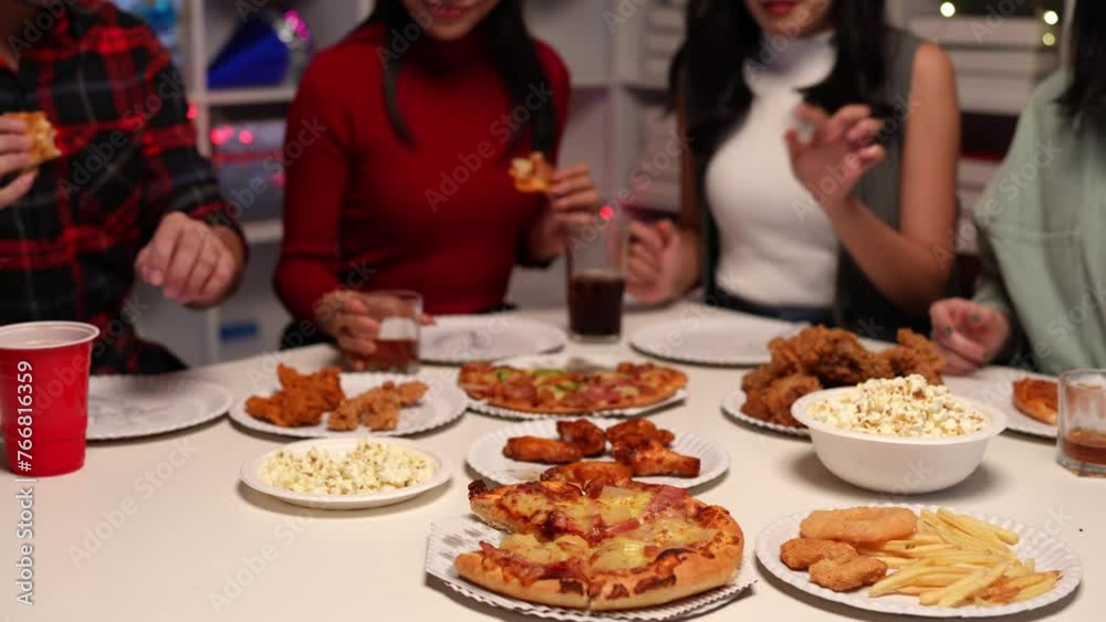 Group of happy Asian young people with friends celebrating during party, food, pizza, snacks with drinks and delicious food. Holiday concept, lifestyle. Group of happy Asian young people with friends celebrating during party, food, pizza, snacks with drinks and delicious food. Holiday concept, lifestyle.