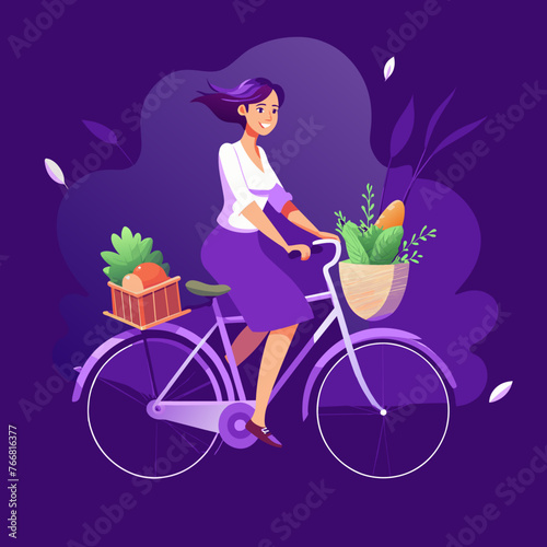 Girl on Bike for World Bicycle Day (June 3rd), National Bike Month (May - varies), Bike to Work Day (varies), Car-Free Day (September 22nd) - Vector Illustration