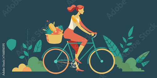 Fototapeta Naklejka Na Ścianę i Meble -  Girl on Bike for World Bicycle Day (June 3rd), National Bike Month (May - varies), Bike to Work Day (varies), Car-Free Day (September 22nd) - Vector Illustration

