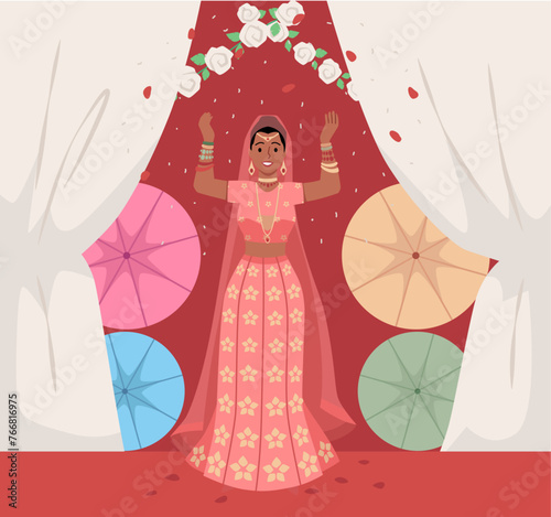 Beautiful Indian happy bride in traditional Indian wedding outfits and jewelry greets with hands up, marriage vector