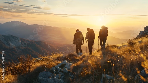 Group of Friends on a Mountain Hike at Sunset. Adventurous Trekking, Natural Landscape, Exploration Theme. Serene Scenic Outdoor Activity. AI