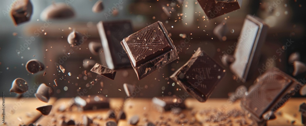 Pieces of dark chocolate bars are floating in the air with chocolate dust and chunks scattered around, against a beige background - obrazy, fototapety, plakaty 
