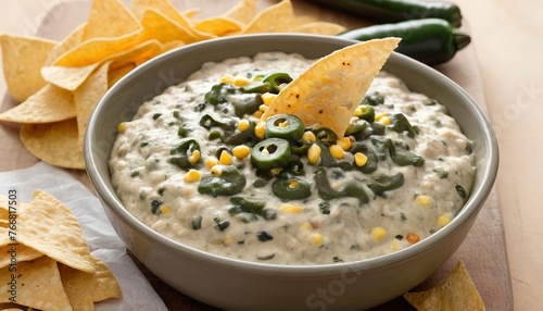 Grilled poblano and corn dip with homemade tortilla chips photo