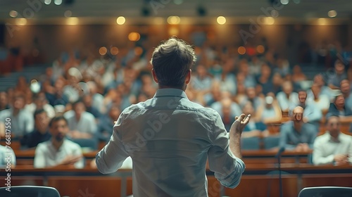 Business coach. Rear view of man gesturing with hand while standing against defocused group of people sitting at the chairs in front of him Ai Generated