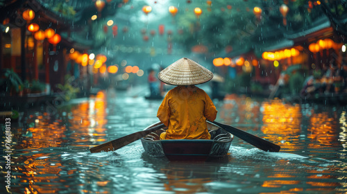 An Asian merchant sails on a boat photo