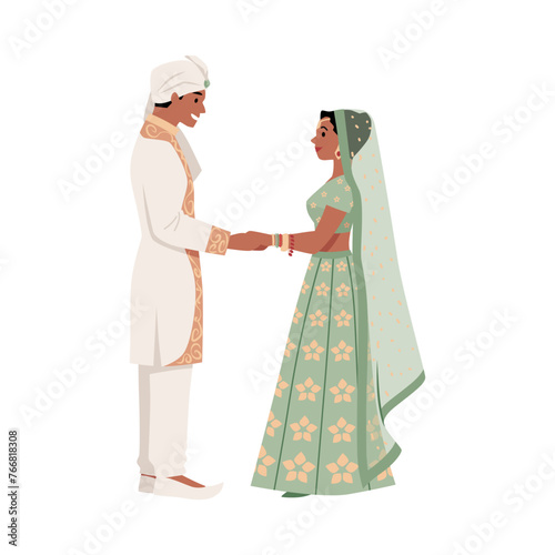 Indian wedding couple standing together hold hands, cartoon vector romantic marriage portrait, bride and groom isolated