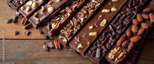 An array of assorted chocolate bars, including white, milk, and dark chocolate, accompanied by nuts on a dark surface