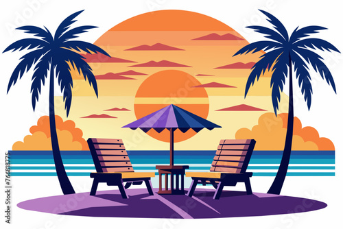 beach-point-seating-area-with-sunset-silhouette-vector.