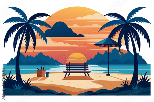 beach-point-seating-area-with-sunset-silhouette-vector. © mk graphics