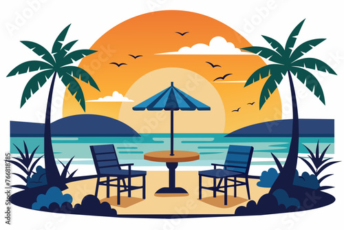 beach-point-seating-area-with-sunset-silhouette-vector.