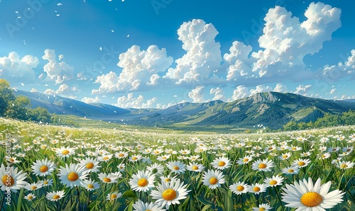 Daisies blooming in the hilly countryside