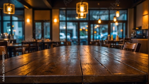 Empty wooden table inside professional restaurant