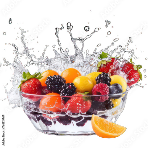 side view of mix fruits splash transparent isolated on white PNG