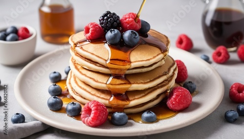 Pancakes with fresh berries and maple syrup on a plate