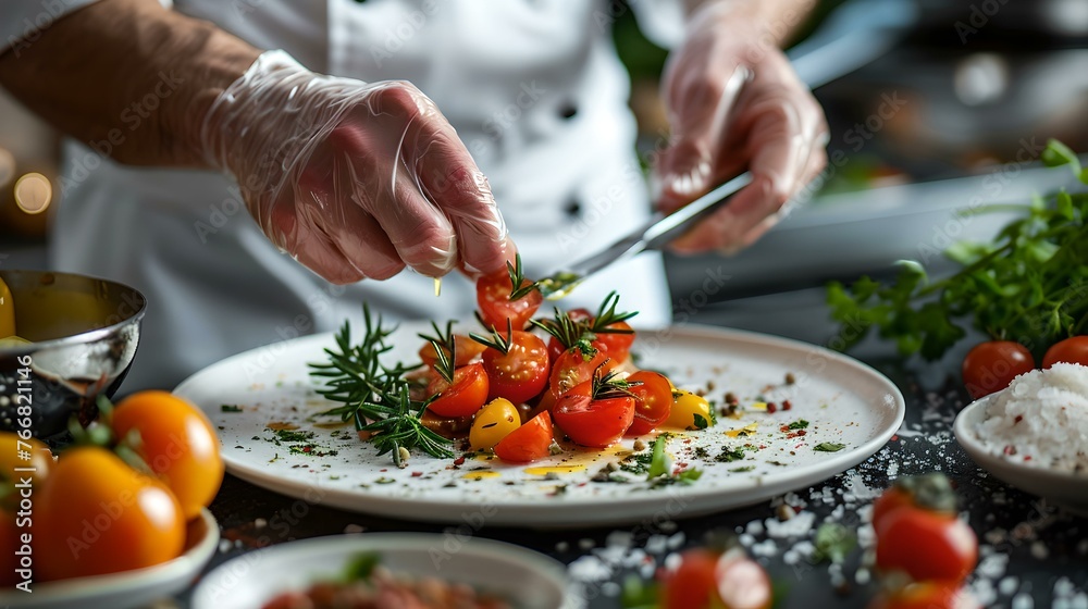 Chef in a professional kitchen garnishes a dish with fresh herbs. elegant presentation, focus on culinary skills. perfect for restaurant marketing. culinary art at its best. AI