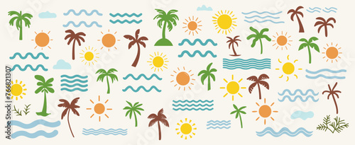 groovy elements beach. coconut tree palm  beach ocean  sun doodle set vector isolated.