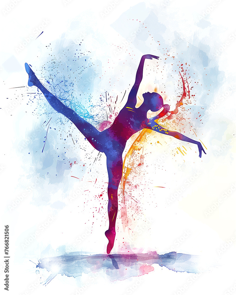 Obraz premium Watercolor image of a girl rhythmic gymnastics athlete. Colorful paints, white background. Abstract vision. The desire to win.