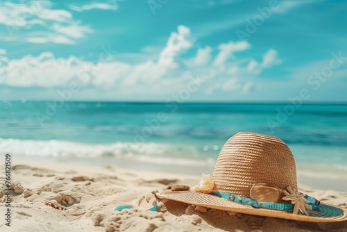 Tropical beach with sunbathing accessories, summer holiday background