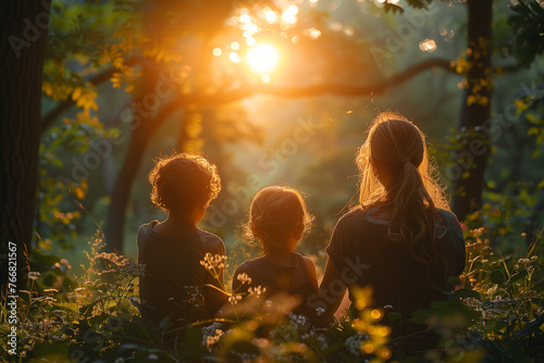 Three kids seated amidst trees, watching the sun setting in the forest