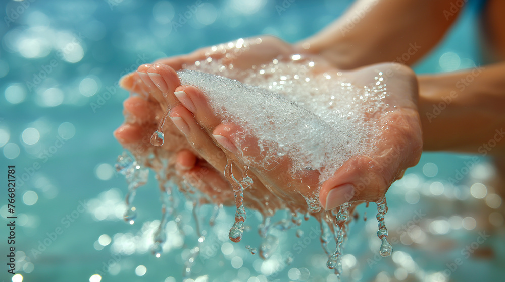 Fototapeta premium Sparkling water in hands.