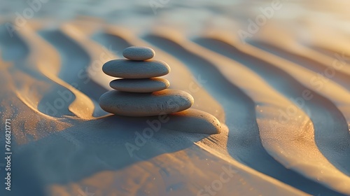Balance and tranquility concept with stones stacked on sandy beach. Zen inspiration in a natural setting at sunset. Calmness and meditation backdrop for wellness. AI