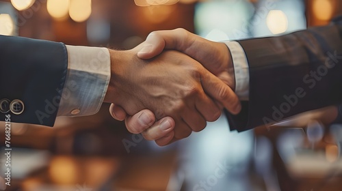 Portrait of cheerful young manager handshake with new employee. Business partnership meeting in office. Close up of handshake in the office. Mature businessman shake hands with a younger Ai Generated