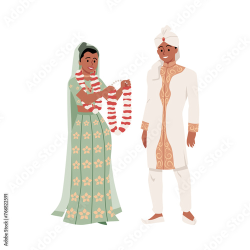 Happy bride in beautiful dress puts garland on groom flat style