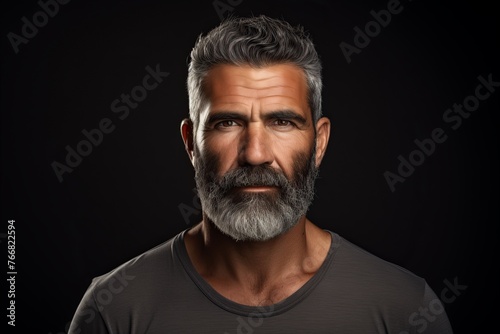 Portrait of a handsome bearded man on a dark background. Men's beauty, fashion.