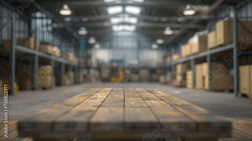 Empty warehouse interior, focus on wooden pallet, blurred background with storage shelves. industrial backdrop for logistics concepts. AI © Irina Ukrainets
