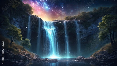 Waterfall with starlight galaxy  ethereal glow  night sky  celestial beauty.
